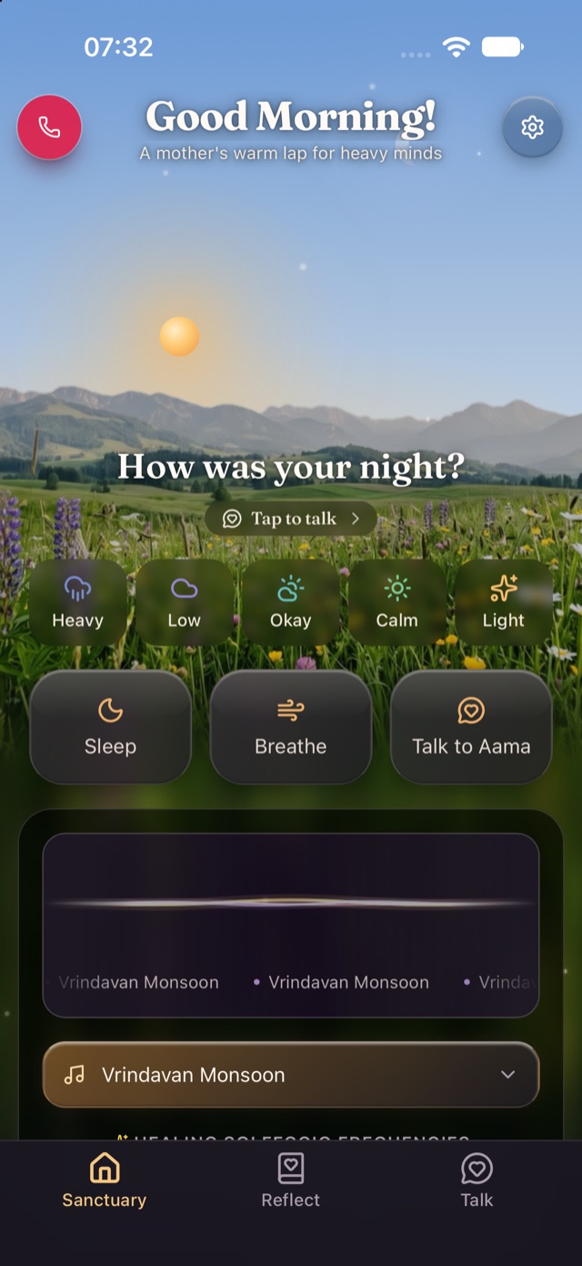 Aama's Sanctuary screen: a meadow at sunrise with mood buttons and quick links to Sleep, Breathe and Talk.