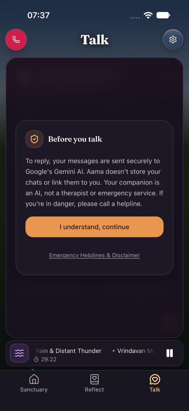 Aama's Talk screen, showing a short notice that the companion is an AI and not a therapist.